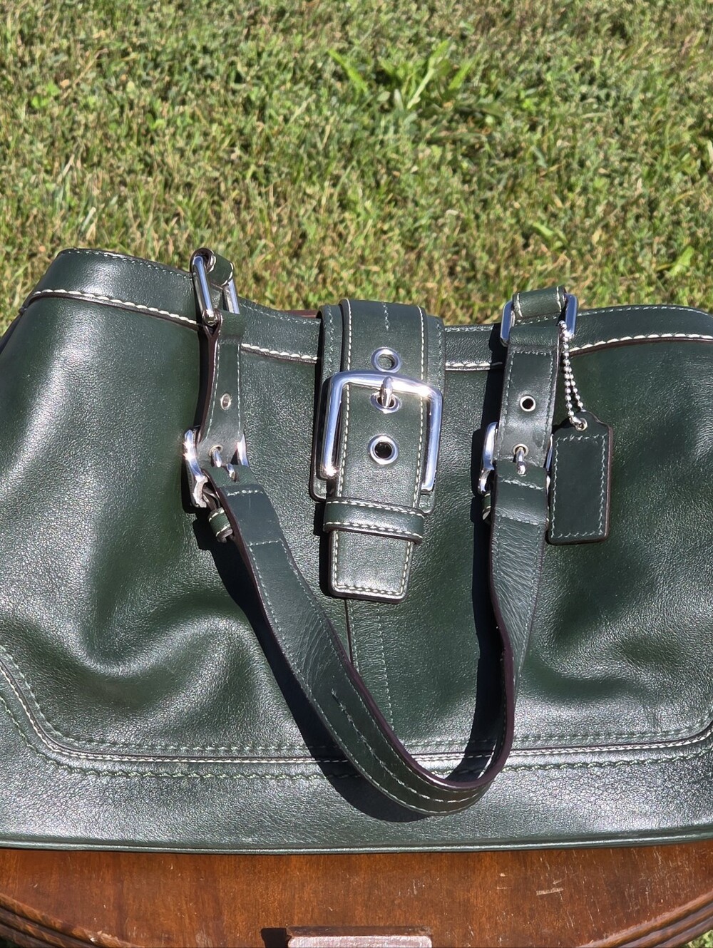 Coach Dark Green Leather Hobo with Silver Buckle